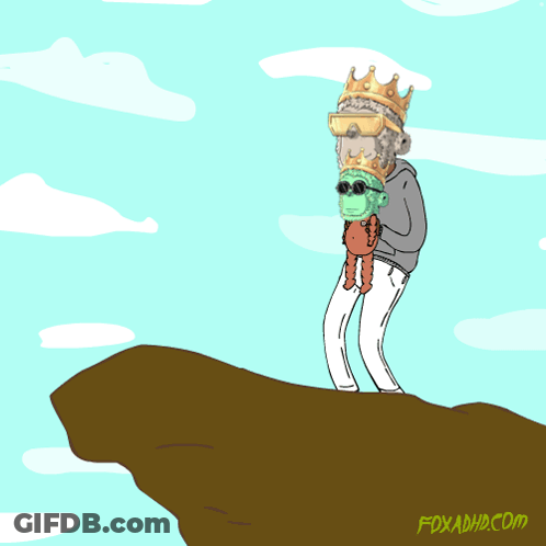 A Cartoon Of A Man Holding A Stuffed Monkey With A Crown On It GIF