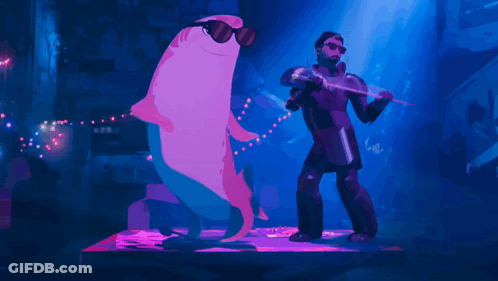 A Cartoon Of A Man Holding A Sword Dancing With A Shark Wearing Sunglasses GIF