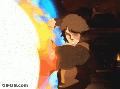 A Cartoon Of A Man Holding A Sword In Front Of A Large Fireball GIF