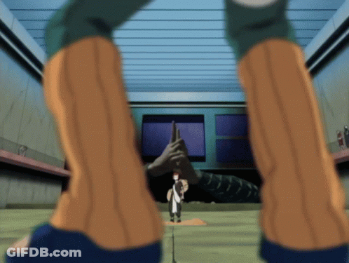 A Cartoon Of A Man Holding A Sword In Front Of A Large Monster GIF