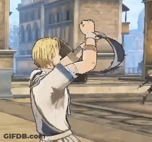A Cartoon Of A Man Holding A Sword In His Hands GIF