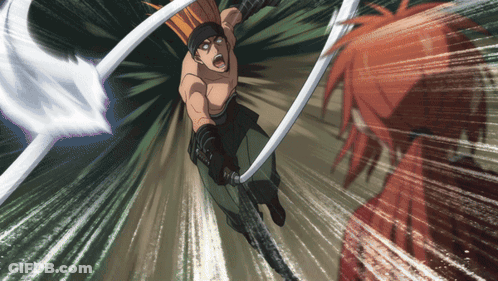 A Cartoon Of A Man Holding A Sword In The Air GIF
