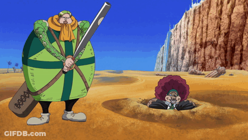 A Cartoon Of A Man Holding A Sword Next To A Hole In The Ground GIF