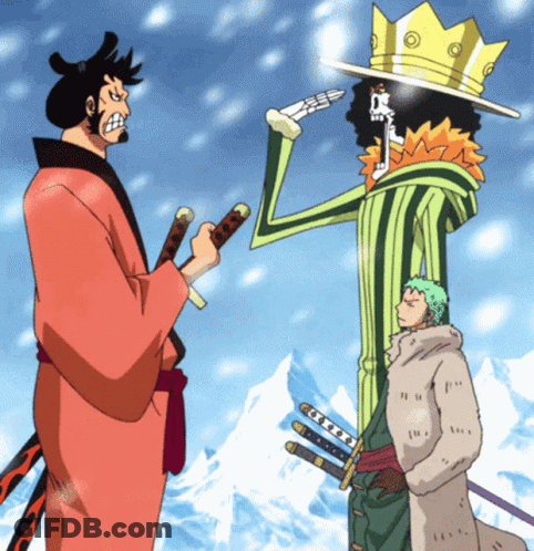 A Cartoon Of A Man Holding A Sword Standing Next To A Skeleton GIF