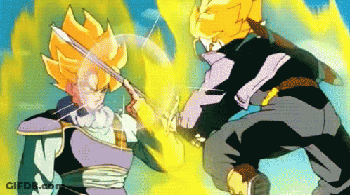 A Cartoon Of A Man Holding A Sword Standing Next To Another Man GIF