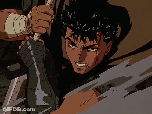 A Cartoon Of A Man Holding A Sword With Bandages On His Hands GIF