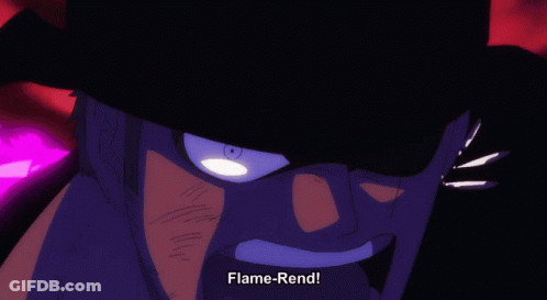 A Cartoon Of A Man Holding A Sword With The Caption Flame Rend GIF