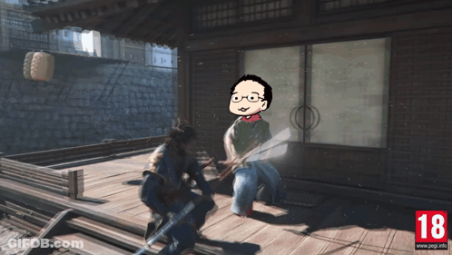 A Cartoon Of A Man Holding A Sword With The Number 18 On It GIF