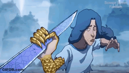 A Cartoon Of A Man Holding A Sword With The Word Scissors Written Below Him GIF