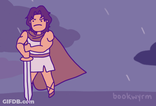 A Cartoon Of A Man Holding A Sword With The Words " Brace For A Storm " Below Him GIF