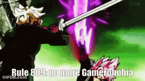 A Cartoon Of A Man Holding A Sword With The Words `` Rule 809 : No More Gamerphobia '' On It . GIF