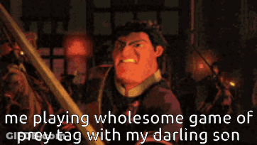 A Cartoon Of A Man Holding A Sword With The Words The Playing Wholesome Game Of Prey Tag With My Darling Son Below Him GIF