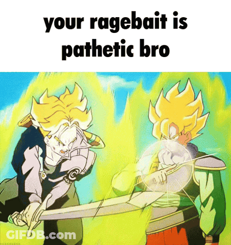 A Cartoon Of A Man Holding A Sword With The Words " Your Ragebait Is Pathetic Bro " GIF