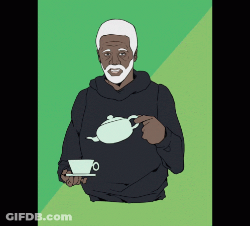 A Cartoon Of A Man Holding A Teapot And A Cup Of Tea GIF