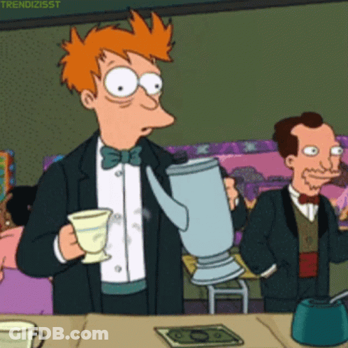 A Cartoon Of A Man Holding A Teapot And A Cup Of Tea GIF