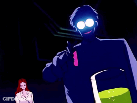 A Cartoon Of A Man Holding A Test Tube And A Woman Standing Next To Him GIF