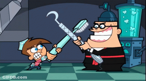 A Cartoon Of A Man Holding A Toothbrush And A Hook GIF