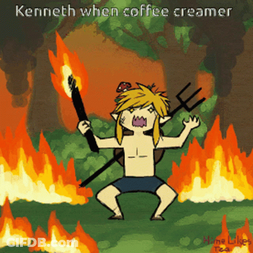 A Cartoon Of A Man Holding A Torch And A Pitchfork With The Words Kenneth When Coffee Creamer GIF