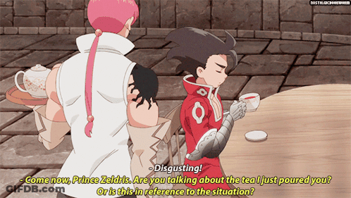 A Cartoon Of A Man Holding A Tray Of Tea And Another Man Holding A Cup Of Tea GIF