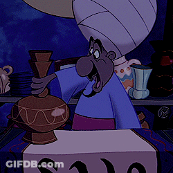 A Cartoon Of A Man Holding A Vase With The Letter S On A Table GIF