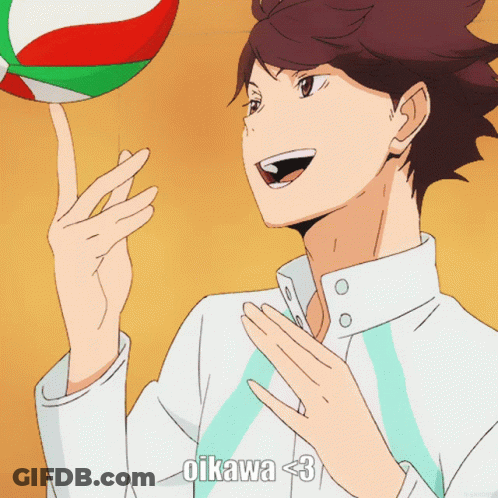 A Cartoon Of A Man Holding A Volleyball With The Words " Oikawa < 3 " Below Him GIF