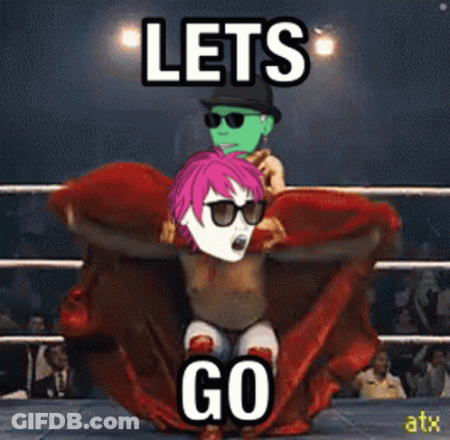 A Cartoon Of A Man Holding A Woman In A Boxing Ring With The Words Lets Go GIF