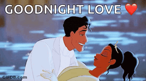 A Cartoon Of A Man Holding A Woman In His Arms With The Words " Goodnight Love " Above Them GIF