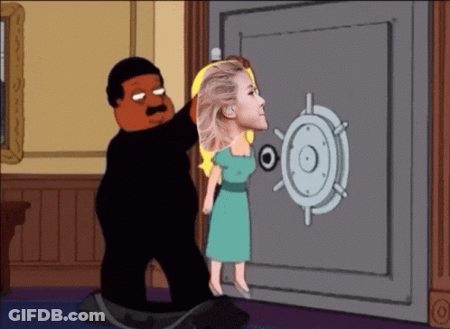 A Cartoon Of A Man Holding A Woman 'S Head In A Vault GIF