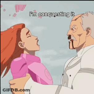 A Cartoon Of A Man Holding A Woman With The Words I 'M Conquering It On The Bottom GIF