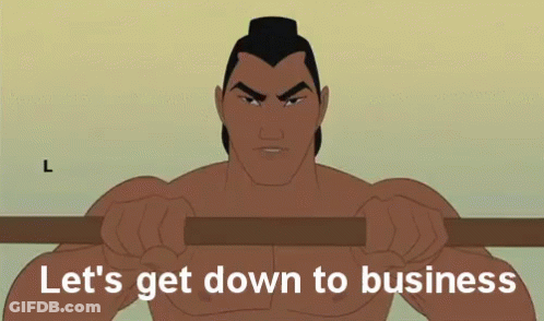 A Cartoon Of A Man Holding A Wooden Bar With The Words `` Let 'S Get Down To Business '' . GIF