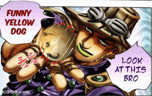 A Cartoon Of A Man Holding A Yellow Dog With The Caption Funny Yellow Dog Look At This Bro GIF