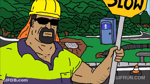 A Cartoon Of A Man Holding A Yellow Sign That Says Slow GIF