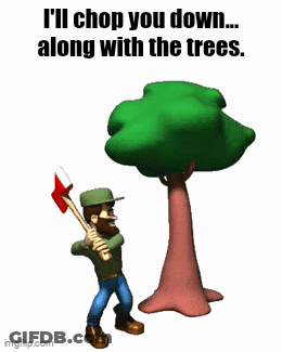 A Cartoon Of A Man Holding An Axe Next To A Tree GIF