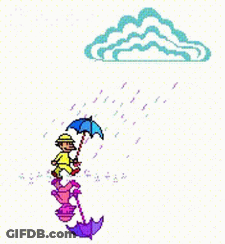 A Cartoon Of A Man Holding An Umbrella In The Rain With A Cloud In The Background GIF