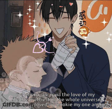 A Cartoon Of A Man Holding Another Man 'S Hand With The Words Me When I See Najia The Love GIF