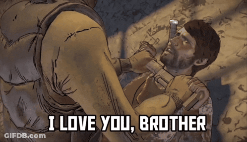 A Cartoon Of A Man Holding Another Man With The Words I Love You Brother On The Bottom GIF