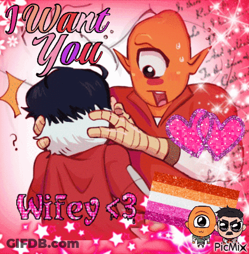 A Cartoon Of A Man Holding Another Man With The Words " I Want You Wifey < 3 " On The Bottom GIF