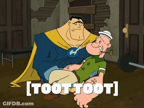 A Cartoon Of A Man Holding Another Man With The Words [ Toot Toot ] Below Them GIF