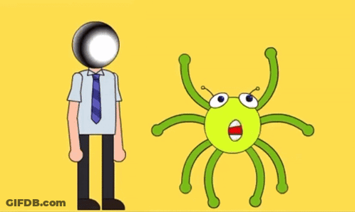 A Cartoon Of A Man Holding His Head And A Spider GIF
