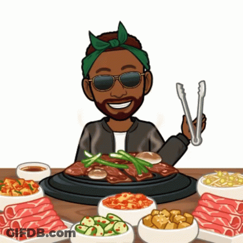 A Cartoon Of A Man Holding Tongs In Front Of A Table Full Of Food GIF