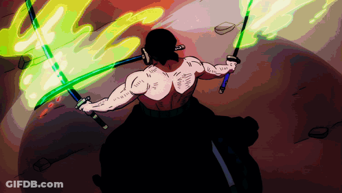A Cartoon Of A Man Holding Two Swords With Green Flames Coming Out Of Them GIF