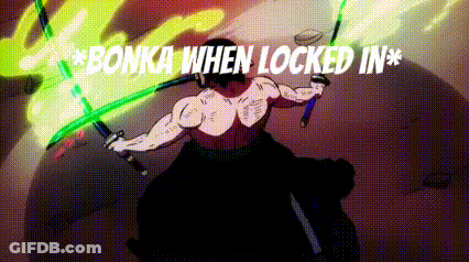 A Cartoon Of A Man Holding Two Swords With The Words `` Bonka When Locked In '' Written Below Him . GIF