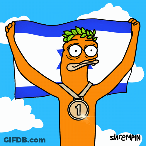 A Cartoon Of A Man Holding Up A Flag And A Medal With The Number 3 On It GIF
