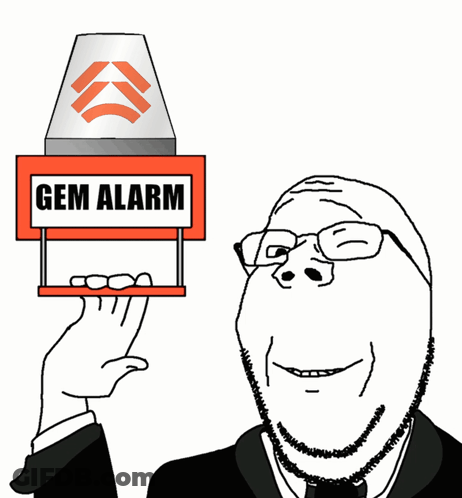 A Cartoon Of A Man Holding Up A Sign That Says Gem Alarm GIF