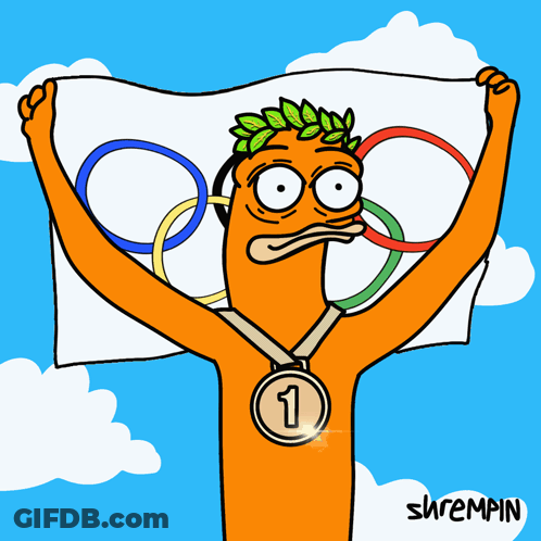 A Cartoon Of A Man Holding Up An Olympic Flag With A Medal Around His Neck With The Number 3 On It GIF