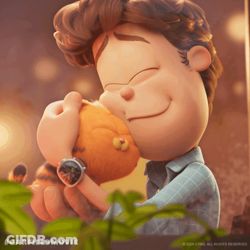 A Cartoon Of A Man Hugging A Stuffed Animal With The Hashtag #Garfieldmovie On The Bottom GIF