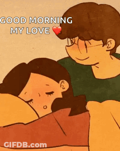 A Cartoon Of A Man Hugging A Woman With The Words `` Good Morning My Love '' Written On The Bottom . GIF