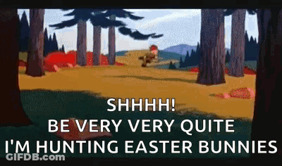 A Cartoon Of A Man Hunting Easter Bunnies In A Forest GIF