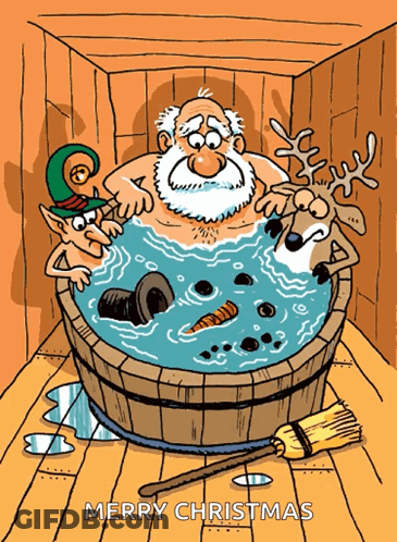 A Cartoon Of A Man In A Bathtub With The Words Merry Christmas On The Bottom GIF