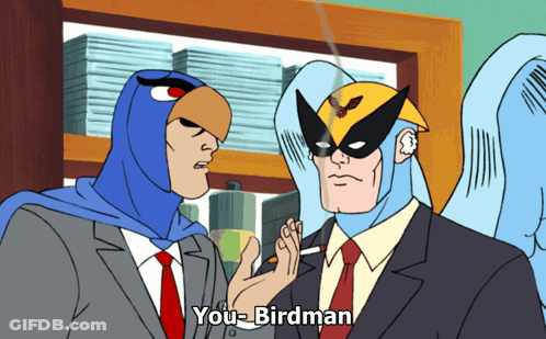 A Cartoon Of A Man In A Birdman Costume Talking To A Man In A Suit GIF